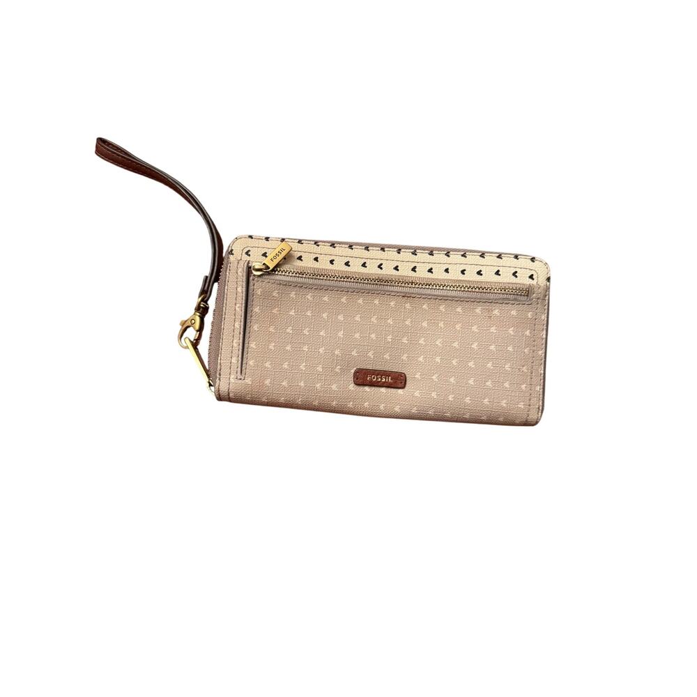 Fossil tan and black zip around wristlet wallet. Preowned